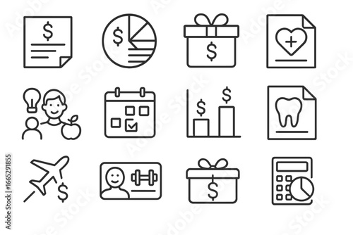 Compensation and Benefits Icons. Line style icons of compensation and benefits: pay slip icon, salary breakdown, bonus reward icon