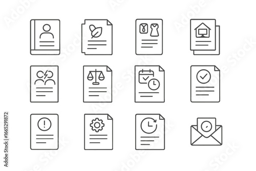 HR Policy Icons. Line style icons of HR policies and documents: employee handbook icon, leave policy, dress code icon, remote work