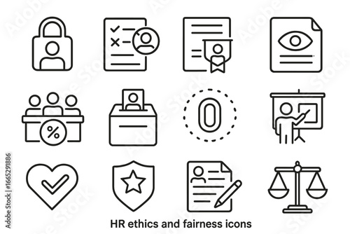 HR Ethics Icons. Line style icons of HR ethics and fairness: confidentiality icon, anti-bias form, fair hiring pledge,