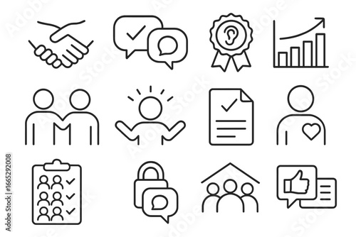 Psychological Safety Icons. Line style icons of psychological safety: trust icon, safe to speak icon, respectful listening badge,