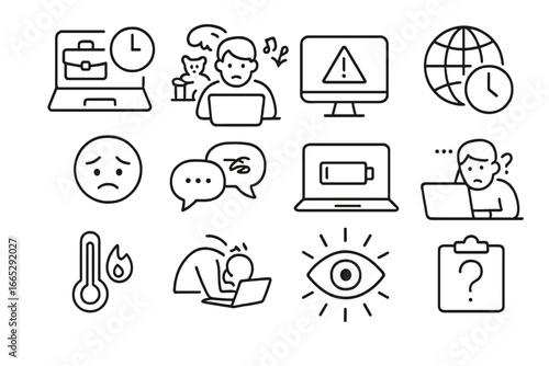 Remote Work Challenges Icons. Line style icons of remote work challenges: work-life blur icon, home distractions icon, tech issue