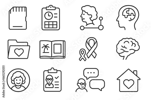 Senior Health Icons. Line style icons of senior mental health: memory card icon, daily routine chart, support network icon,