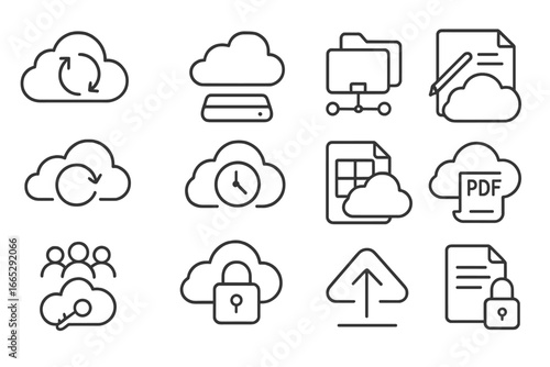Cloud Tool Icons. Line style icons of cloud-based tools: file sync icon, cloud storage drive, shared folder icon, collaborative