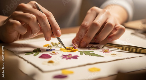Close-up of hands making pressed flower art or delicate botanical craft
