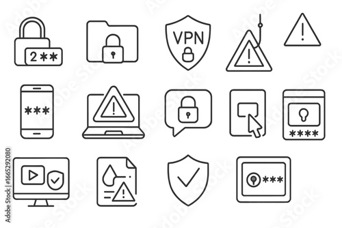 Cybersecurity Line Icons. Line style icons of cybersecurity for remote work: 2FA lock icon, encrypted file folder, secure VPN