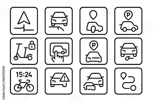 Transport App Icons. Line style icons of transport apps: navigation app icon, vehicle tracker app, public transport app, scooter