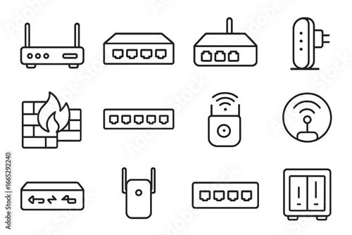 Networking Device Icons. Line style icons of networking devices: router icon, network switch box, hub icon, modem device, firewall