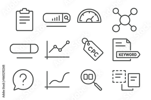 Keyword Research Icons. Line style icons of keyword research tools: keyword list icon, volume search bar, competition meter icon,