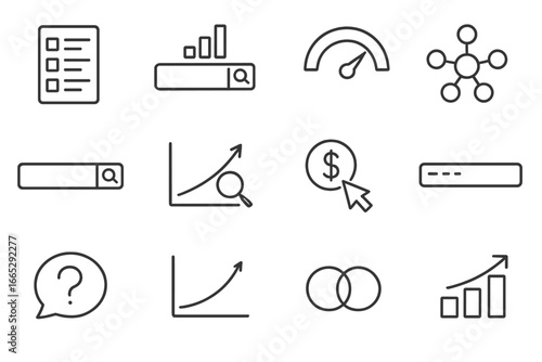 Keyword Research Icons. Line style icons of keyword research tools: keyword list icon, volume search bar, competition meter icon,