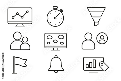 Analytics Dashboard Icons. Line style icons of analytics dashboard: traffic overview graph, session duration icon, bounce rate