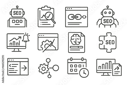 SEO Icons Automation. Line style icons of SEO automation: SEO audit bot, keyword tracker automation, backlink monitor script, SEO