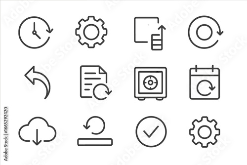 Data Backup Icons. Line style icons of data backup: backup schedule icon, automatic backup gear, incremental backup icon, restore