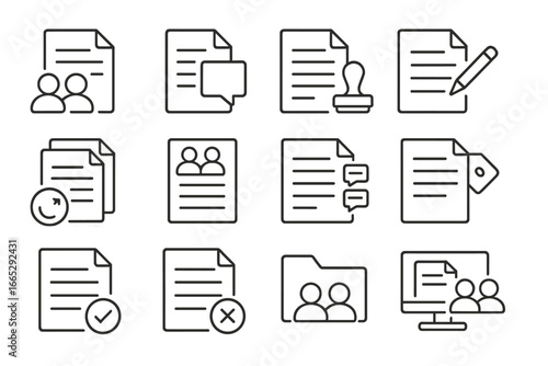 File Collaboration Icons. Line style icons of file collaboration: co-edit document icon, comment on file icon, file approval stamp