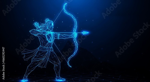 Lord Rama with a bow and arrow, constructed from glowing blue lines and polygons, set against a dark blue background