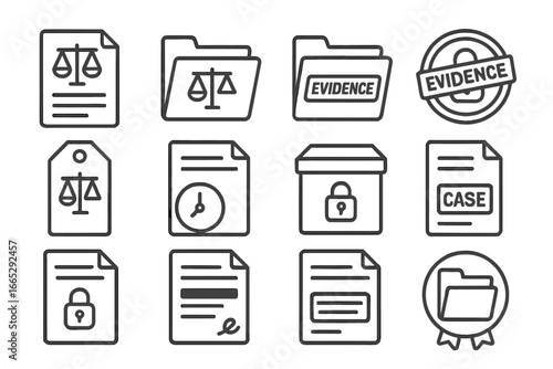 Legal File Icons. Line style icons of legal file storage: legal document icon, case file folder, evidence folder icon,