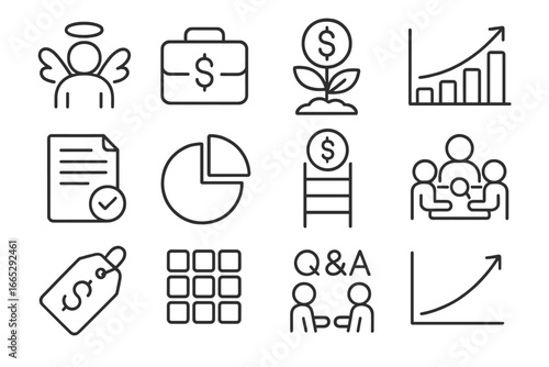 Investor Funding Icons. Line style icons of investor funding: angel investor icon, venture capital briefcase, seed funding icon,