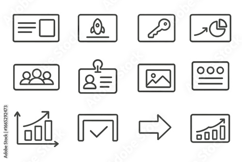 Pitch Deck Icons. Line style icons of pitch design: pitch slide template, startup logo card, key slide highlight, infographic