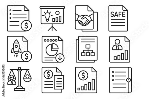 Startup Investment Icons. Line style icons of investor documents: investment term sheet, startup pitch deck, founder agreement