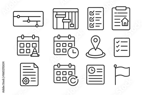 Construction Schedule Icons. Line style icons of construction scheduling: project timeline, Gantt chart icon, task checklist,