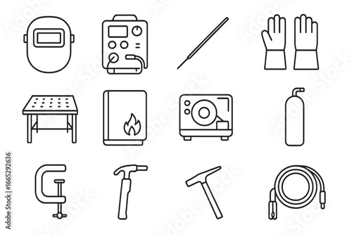 Welding Equipment Icons. Line style icons of welding equipment: welding mask, arc welder icon, welding rod, welding gloves,