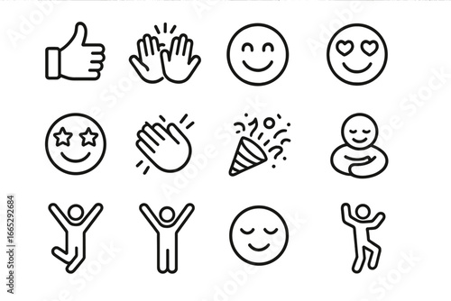 Positive Reaction Icons. Line style icons of positive reactions: thumbs up, clapping hands, smiling emoji, heart eyes, star eyes,