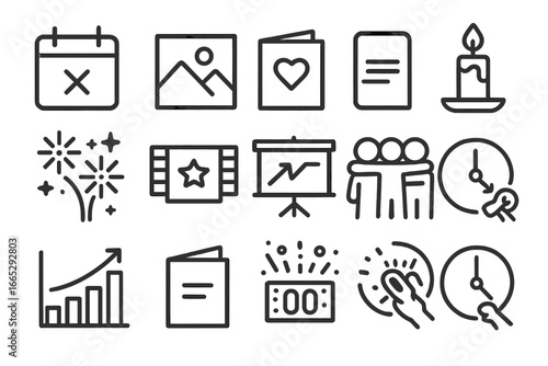 Year-End Icon Set. Line style icons of end-of-year events: calendar close icon, memory photo, thank you note, candlelight event,
