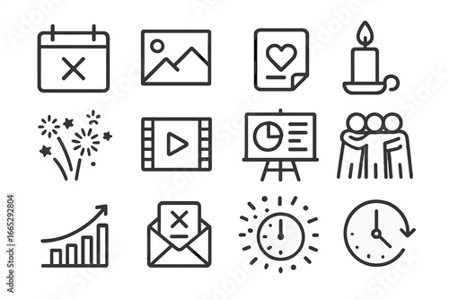 Year-End Icon Set. Line style icons of end-of-year events: calendar close icon, memory photo, thank you note, candlelight event,