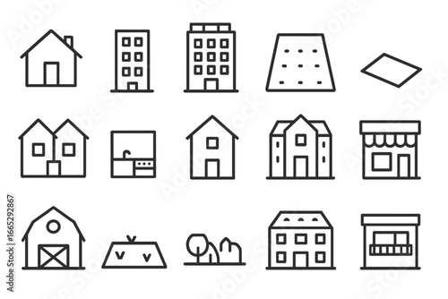 Real Estate Icons. Line style icons of real estate listings: house icon, apartment icon, condo building, land lot, duplex icon,