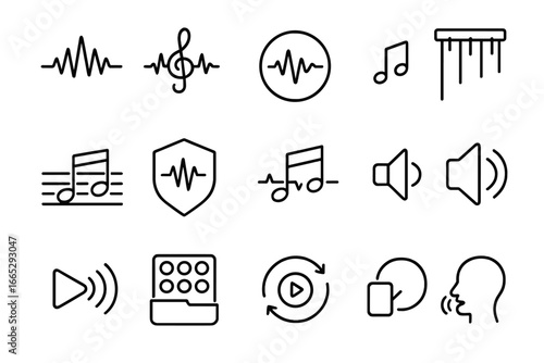 Audio Branding Icons. Line style icons of audio branding: sonic logo, sound signature, audio watermark, intro chime, brand jingle,