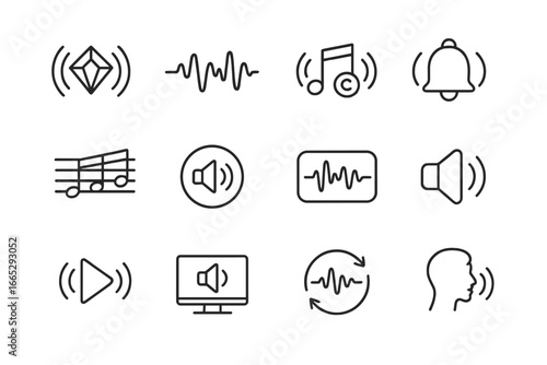 Audio Branding Icons. Line style icons of audio branding: sonic logo, sound signature, audio watermark, intro chime, brand jingle,