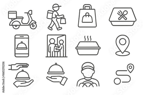 Food Delivery Icons. Line style icons of food delivery services: delivery scooter, food courier icon, takeaway bag, meal box,