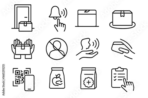 Contactless Delivery Icons. Line style icons of contactless delivery: leave at door, ring bell icon, doorstep package, delivery