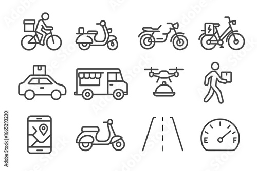 Delivery Icons Collection. Line style icons of delivery vehicles: bicycle delivery, scooter icon, motorbike, electric bike, car