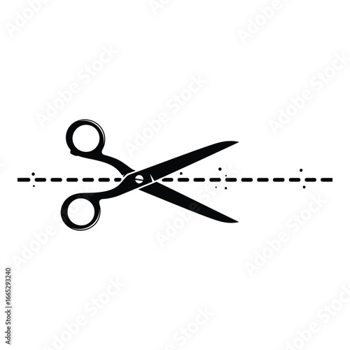 Sharp scissors cutting through a dashed line indicating separation or division silhouette