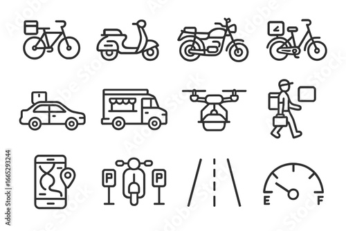Delivery Icons Collection. Line style icons of delivery vehicles: bicycle delivery, scooter icon, motorbike, electric bike, car