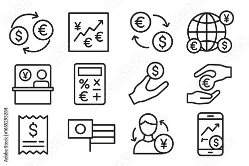Currency Exchange Icons. Line style icons of currency and exchange: currency exchange icon, forex graph, conversion rate, global