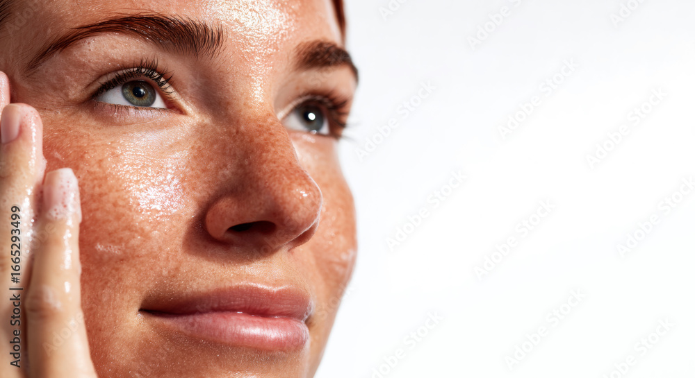 Fototapeta premium Close-up of a young woman’s freckled face with glowing skin as she applies skincare product. Concept of beauty, skin health, self-care, and natural radiance.