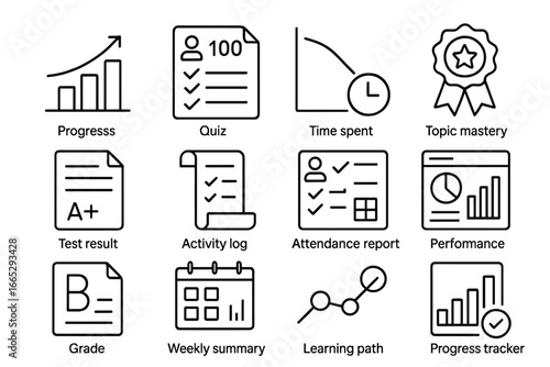 Learning Analytics Icons. Line style icons of learning analytics: progress chart, quiz score icon, time spent graph, topic mastery