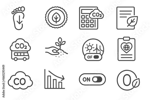 Carbon Footprint Icons. Line style icons of carbon footprint reduction: footprint icon, offset badge, carbon calculator, eco audit