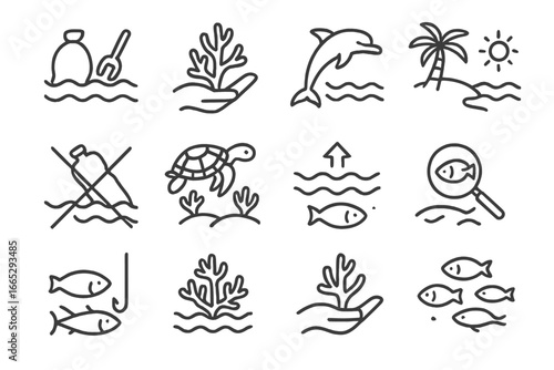 Marine Conservation Icons. Line style icons of ocean and marine conservation: ocean cleanup icon, coral protection, marine