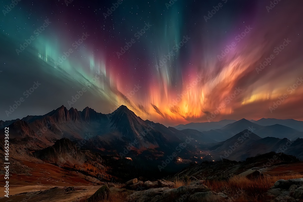 Naklejka premium Beautiful aurora borealis over mountain peaks high resolution image