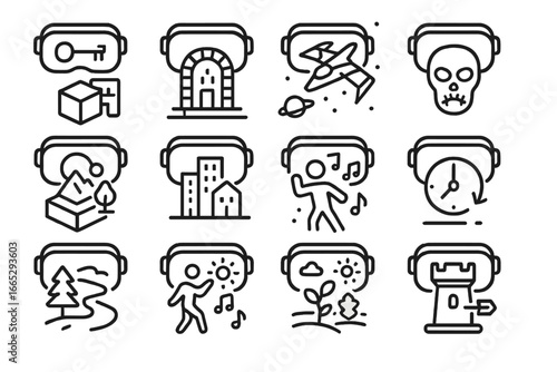 VR Game Genre Icons. Line style icons of VR games genres: puzzle escape icon, dungeon quest, space battle icon, creative sandbox