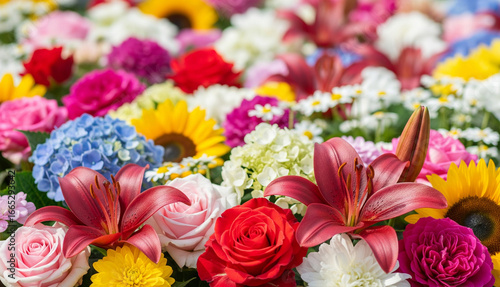 Vibrant close-up floral background of mixed colorful garden flowers