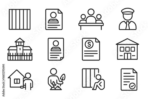 Penal System Icons. Line style icons of penal system: prison bars icon, inmate file, parole hearing icon, probation officer icon,