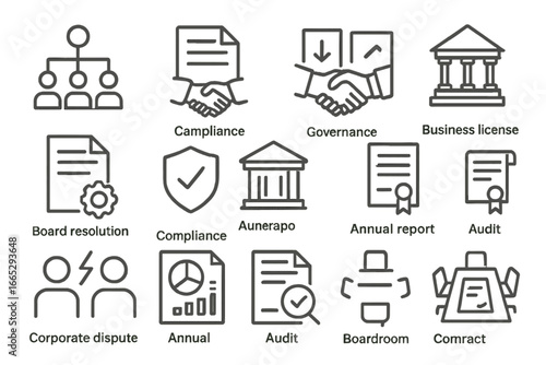 Corporate Law Icons. Line style icons of corporate law: corporate structure icon, shareholders agreement, merger document,