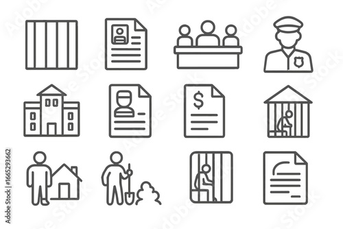 Penal System Icons. Line style icons of penal system: prison bars icon, inmate file, parole hearing icon, probation officer icon,