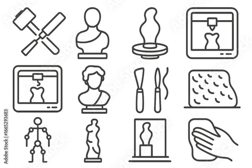 Sculpture Art Icons. Line style icons of sculpture and 3D art: chisel and mallet, clay model icon, rotating sculpture stand, 3D