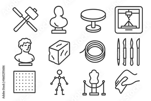 Sculpture Art Icons. Line style icons of sculpture and 3D art: chisel and mallet, clay model icon, rotating sculpture stand, 3D