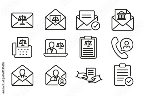 Legal Communication Icons. Line style icons of legal communication: case email icon, legal correspondence, certified mail icon,
