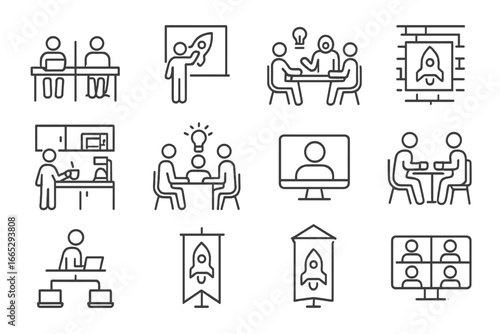 Startup Workspace Icons. Line style icons of startup workspace: coworking desk icon, whiteboard sketch, startup meeting, shared